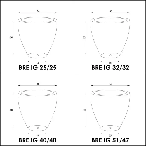 Wymiary doniczek BRE B - zestaw 4 wielkości