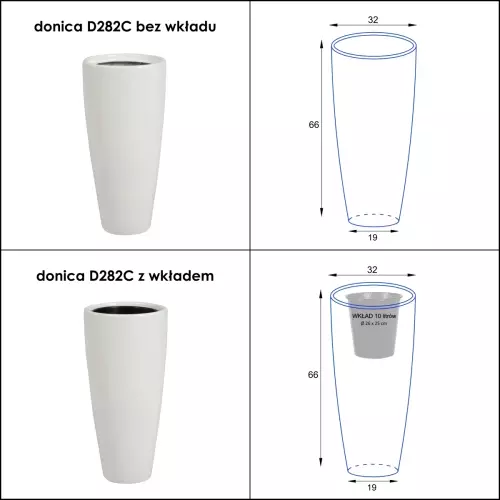 Wymiary donicy D282C w wersji z wkładem i bez wkładu